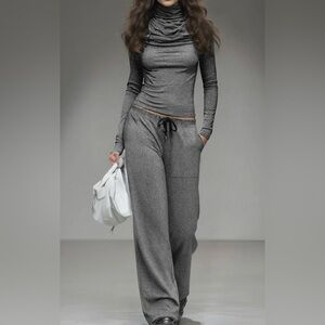 Draped Turtleneck Top & Wide-Leg Pant Set